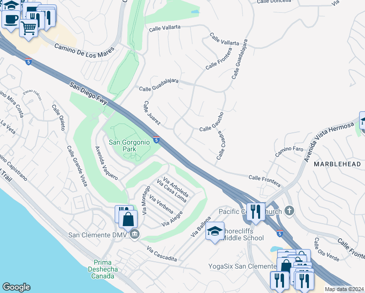 map of restaurants, bars, coffee shops, grocery stores, and more near 2945 Calle Frontera in San Clemente