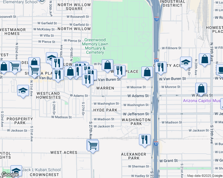 map of restaurants, bars, coffee shops, grocery stores, and more near 2531 West Monroe Street in Phoenix