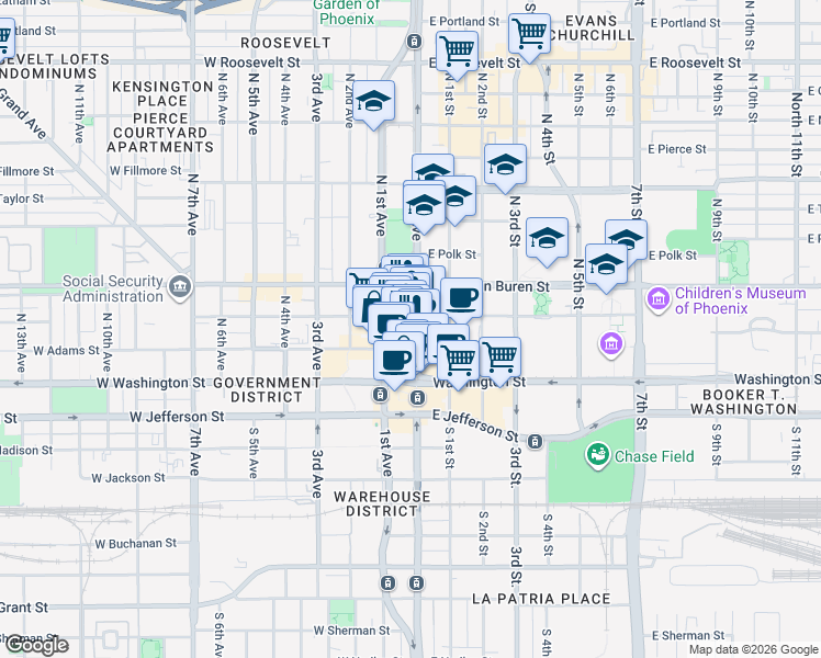 map of restaurants, bars, coffee shops, grocery stores, and more near 130 North Central Avenue in Phoenix