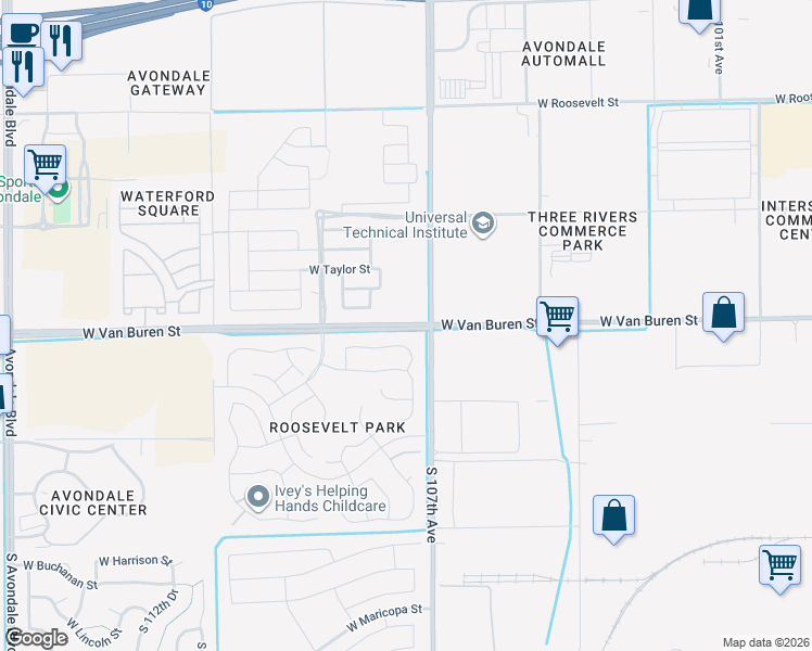map of restaurants, bars, coffee shops, grocery stores, and more near 10702 West Van Buren Street in Avondale