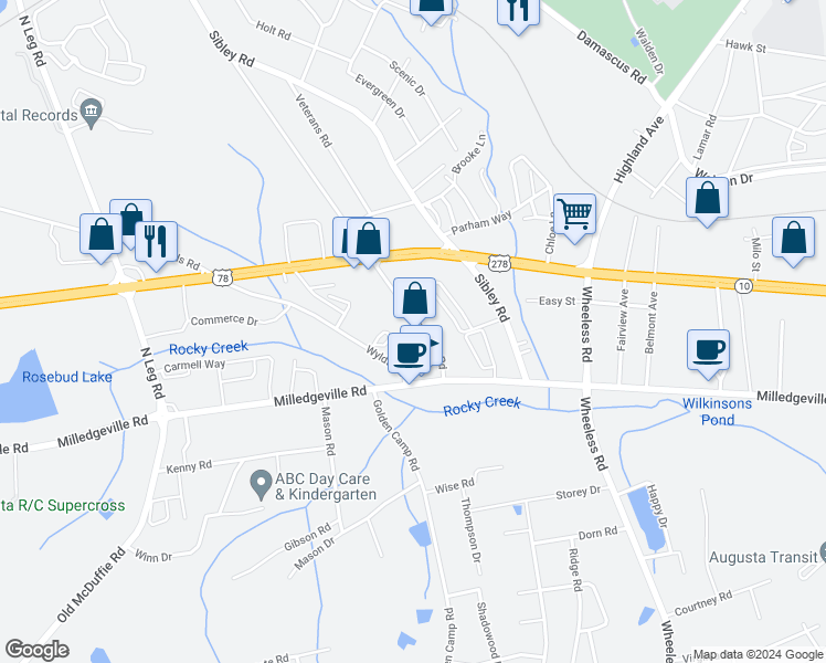 map of restaurants, bars, coffee shops, grocery stores, and more near 2237 Bayvale Road in Augusta