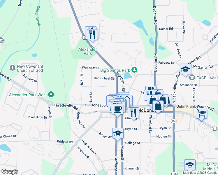 map of restaurants, bars, coffee shops, grocery stores, and more near 18 Brannan Street in McDonough
