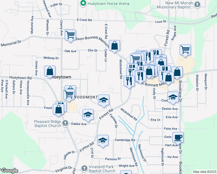 map of restaurants, bars, coffee shops, grocery stores, and more near 103 North Parkway in Bessemer