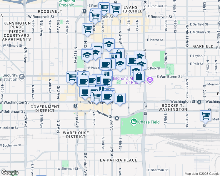 map of restaurants, bars, coffee shops, grocery stores, and more near in Phoenix