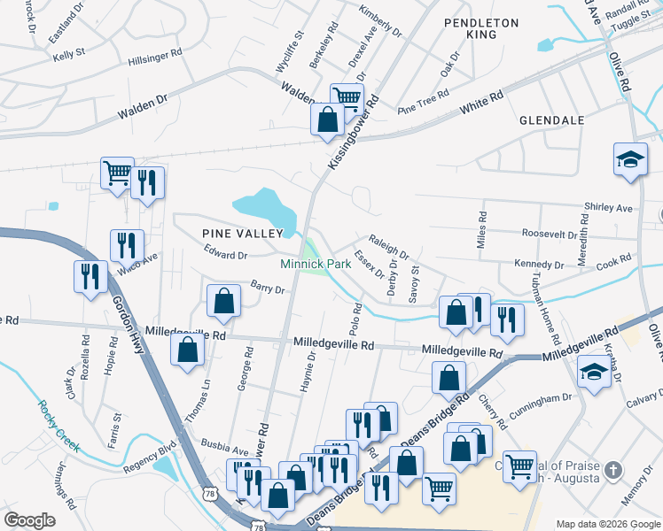 map of restaurants, bars, coffee shops, grocery stores, and more near 2279 Darlington Drive in Augusta