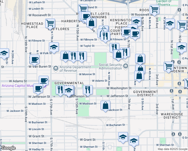 map of restaurants, bars, coffee shops, grocery stores, and more near 1227 West Monroe Street in Phoenix