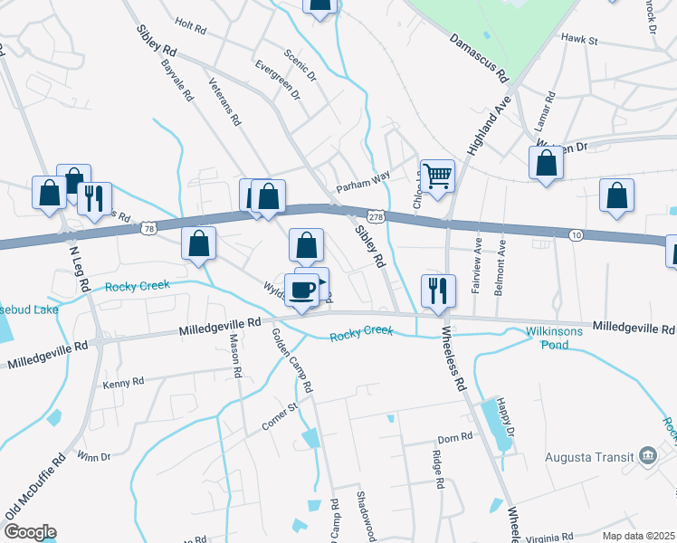 map of restaurants, bars, coffee shops, grocery stores, and more near 2646 Kennedy Circle in Augusta