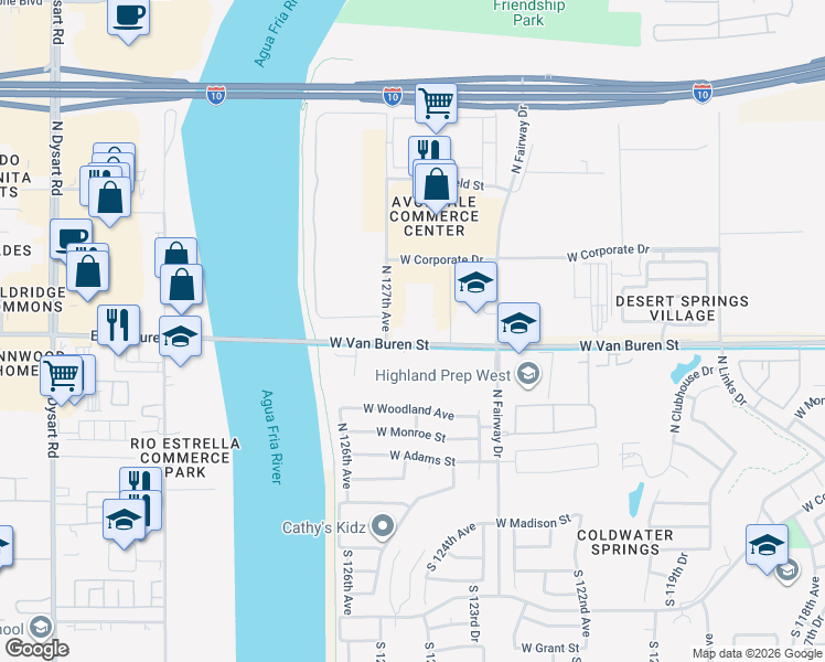 map of restaurants, bars, coffee shops, grocery stores, and more near 1100 North 127th Avenue in Avondale