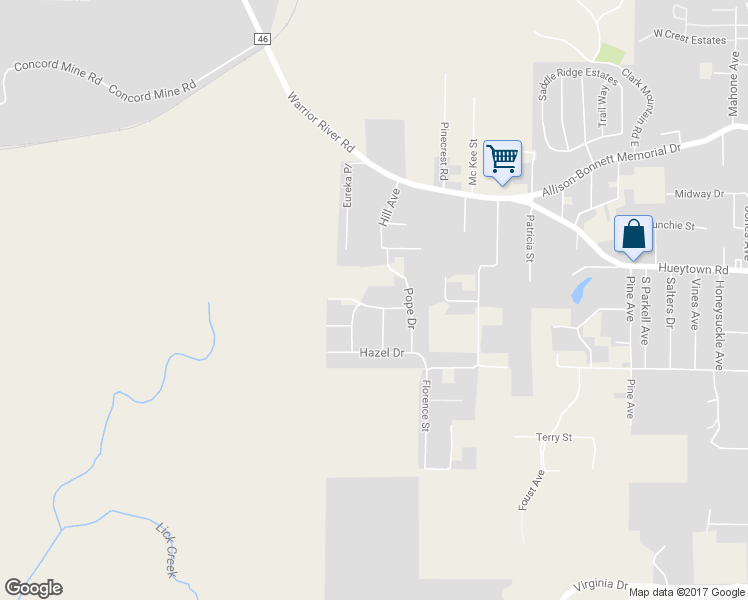 map of restaurants, bars, coffee shops, grocery stores, and more near 108 Lowery Drive in Hueytown