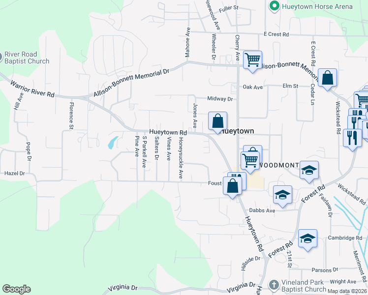 map of restaurants, bars, coffee shops, grocery stores, and more near 100 Honeysuckle Avenue in Hueytown