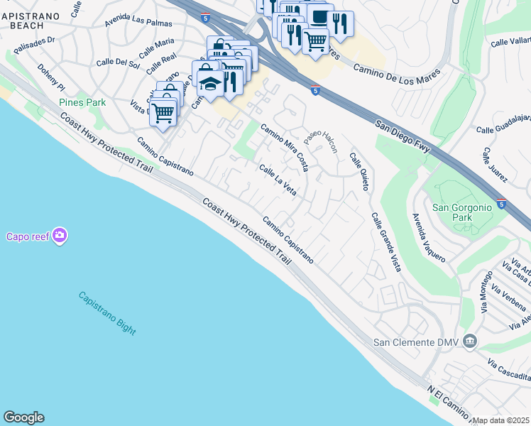 map of restaurants, bars, coffee shops, grocery stores, and more near 35322 Camino Capistrano in Dana Point
