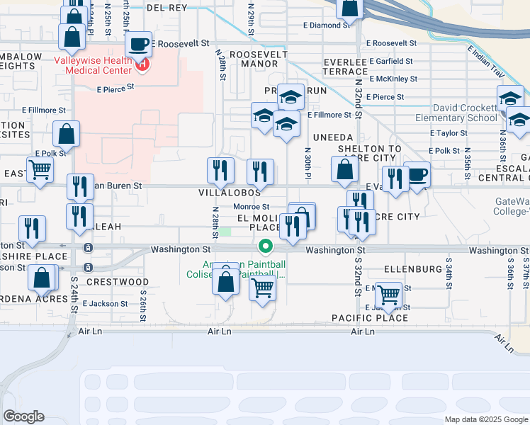 map of restaurants, bars, coffee shops, grocery stores, and more near 2911 East Monroe Street in Phoenix