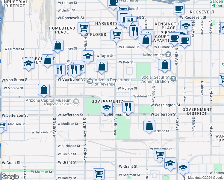 map of restaurants, bars, coffee shops, grocery stores, and more near 1500 West Monroe Street in Phoenix