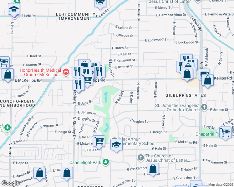 map of restaurants, bars, coffee shops, grocery stores, and more near 5 North Villa Carmel in Mesa