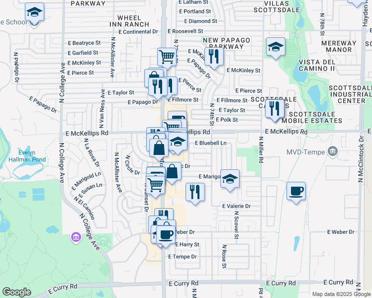 map of restaurants, bars, coffee shops, grocery stores, and more near 1817 North Aster Street in Tempe