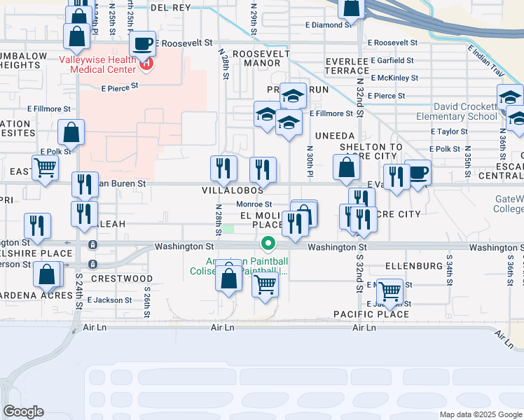 map of restaurants, bars, coffee shops, grocery stores, and more near 2911 East Monroe Street in Phoenix