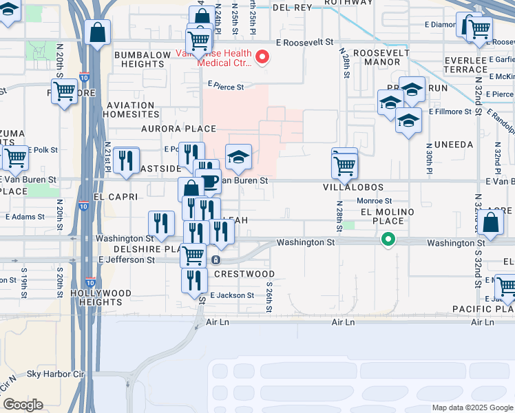 map of restaurants, bars, coffee shops, grocery stores, and more near 2549 East Monroe Street in Phoenix