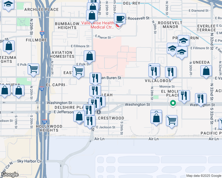 map of restaurants, bars, coffee shops, grocery stores, and more near 2505 East Monroe Street in Phoenix