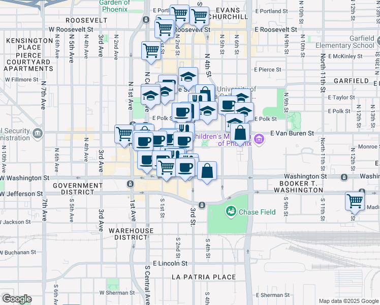 map of restaurants, bars, coffee shops, grocery stores, and more near in Phoenix