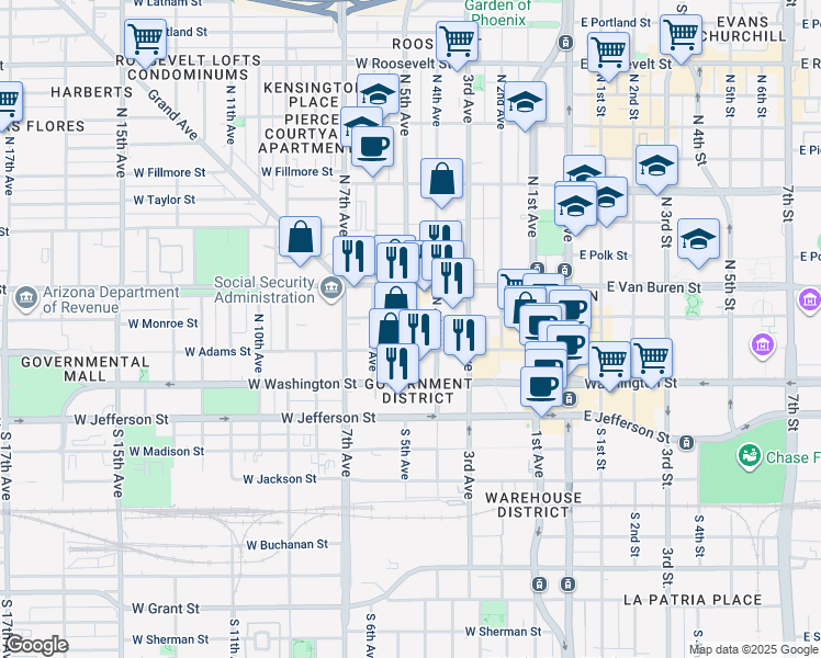 map of restaurants, bars, coffee shops, grocery stores, and more near in Phoenix