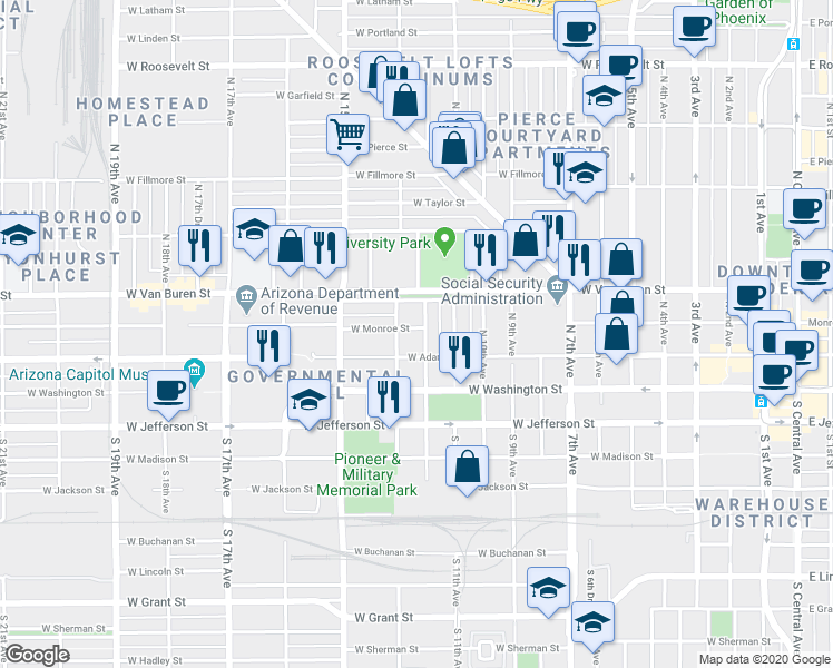 map of restaurants, bars, coffee shops, grocery stores, and more near 1227 West Monroe Street in Phoenix