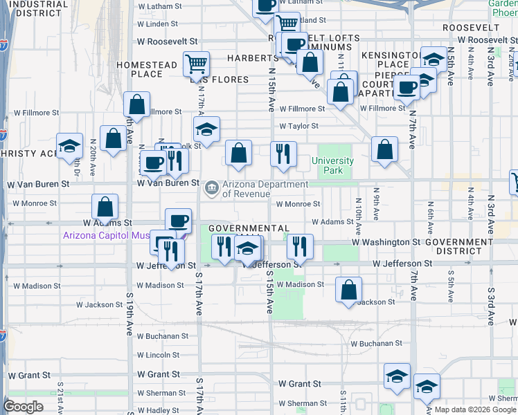 map of restaurants, bars, coffee shops, grocery stores, and more near 1500 West Monroe Street in Phoenix