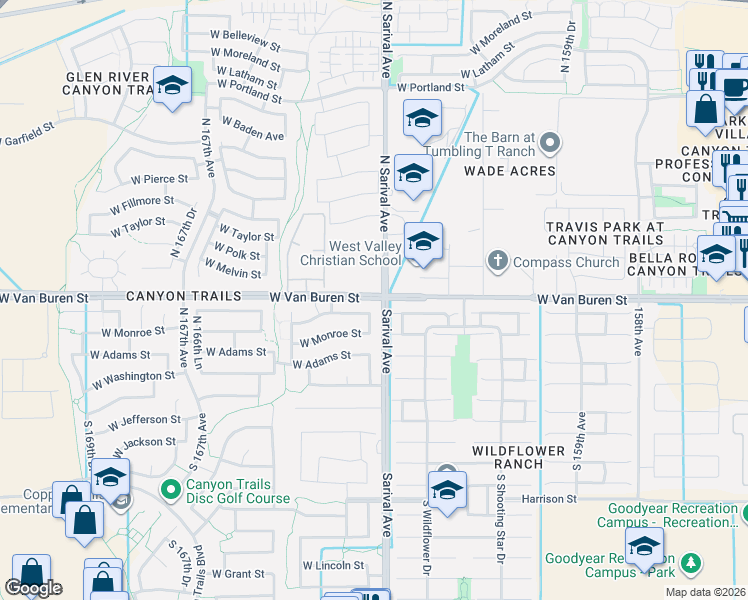 map of restaurants, bars, coffee shops, grocery stores, and more near in Goodyear