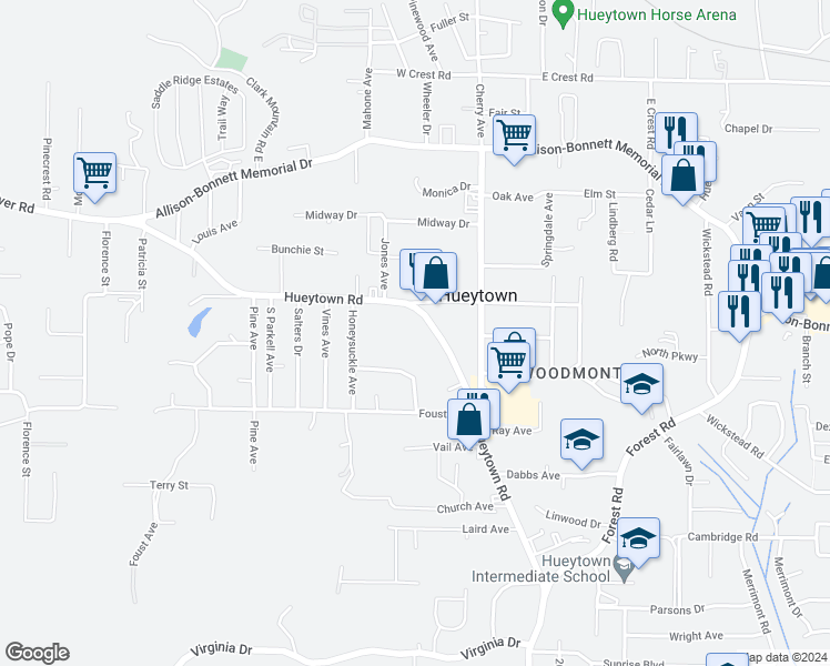 map of restaurants, bars, coffee shops, grocery stores, and more near 1394 Hueytown Road in Hueytown