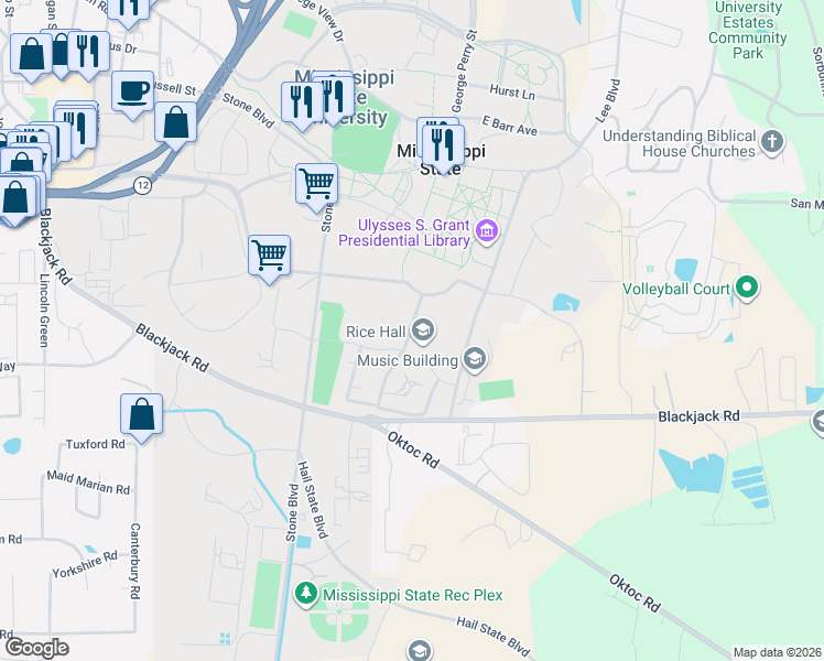 map of restaurants, bars, coffee shops, grocery stores, and more near in Starkville