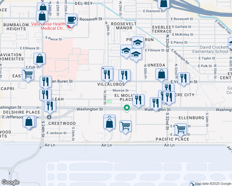 map of restaurants, bars, coffee shops, grocery stores, and more near 2833 E Monroe St in Phoenix