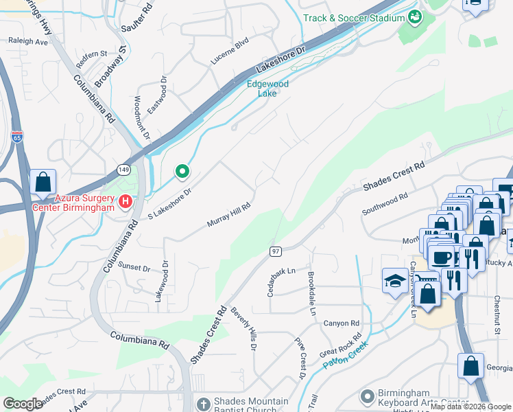 map of restaurants, bars, coffee shops, grocery stores, and more near 1785 Murray Hill Road in Vestavia Hills