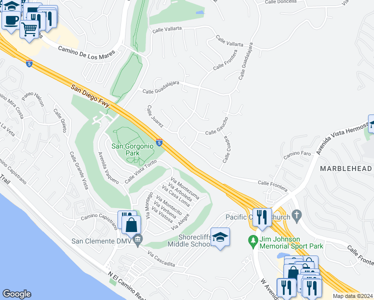 map of restaurants, bars, coffee shops, grocery stores, and more near 2945 Calle Frontera in San Clemente
