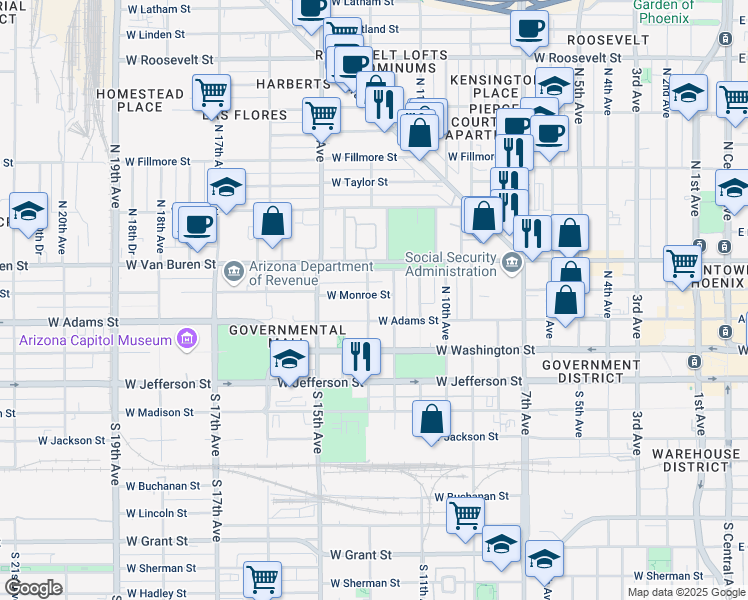 map of restaurants, bars, coffee shops, grocery stores, and more near 1227 West Monroe Street in Phoenix