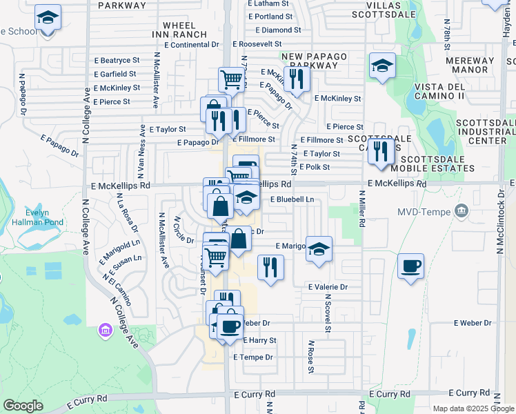 map of restaurants, bars, coffee shops, grocery stores, and more near 1817 North Aster Street in Tempe