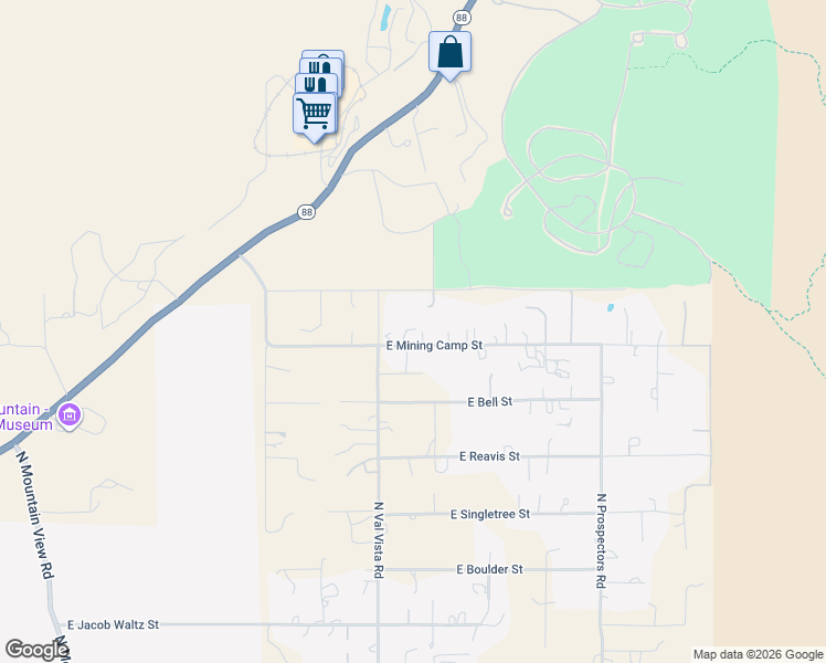 map of restaurants, bars, coffee shops, grocery stores, and more near 5246 East Mining Camp Street in Apache Junction