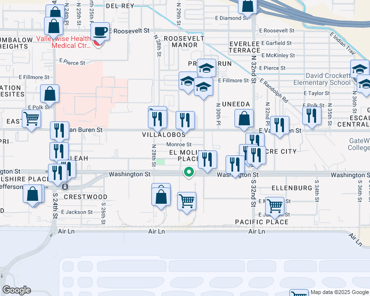 map of restaurants, bars, coffee shops, grocery stores, and more near 2911 East Monroe Street in Phoenix