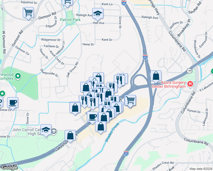 map of restaurants, bars, coffee shops, grocery stores, and more near 125 Wildwood Parkway in Birmingham