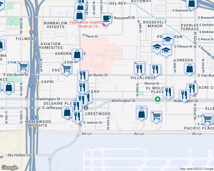 map of restaurants, bars, coffee shops, grocery stores, and more near 2549 East Monroe Street in Phoenix