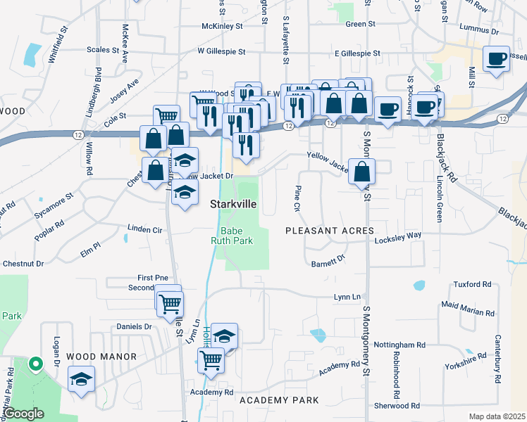map of restaurants, bars, coffee shops, grocery stores, and more near 125 Bent Brook Lane in Starkville