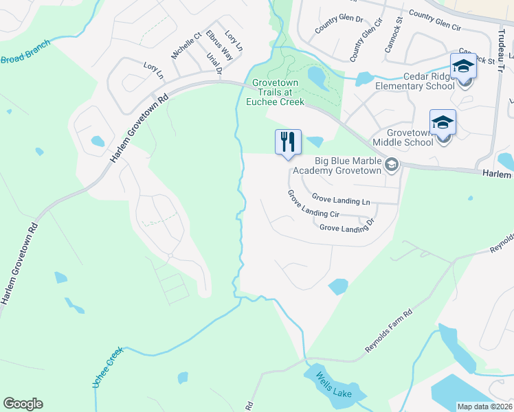 map of restaurants, bars, coffee shops, grocery stores, and more near 2195 Grove Landing Way in Grovetown