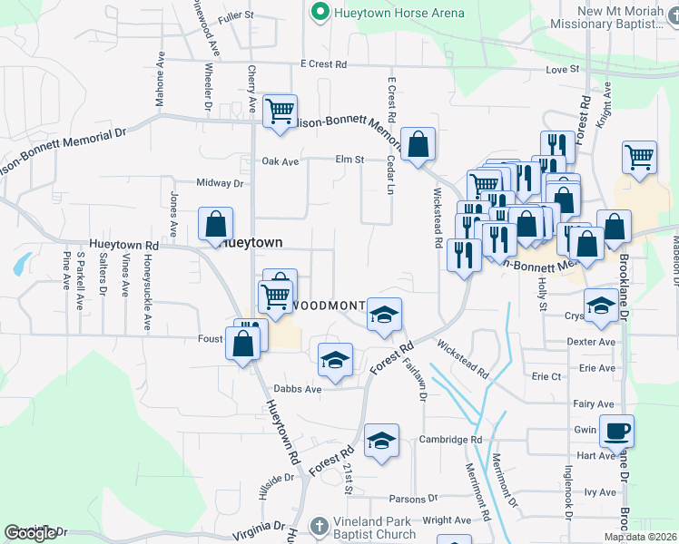 map of restaurants, bars, coffee shops, grocery stores, and more near 108 Westbrook Road in Hueytown