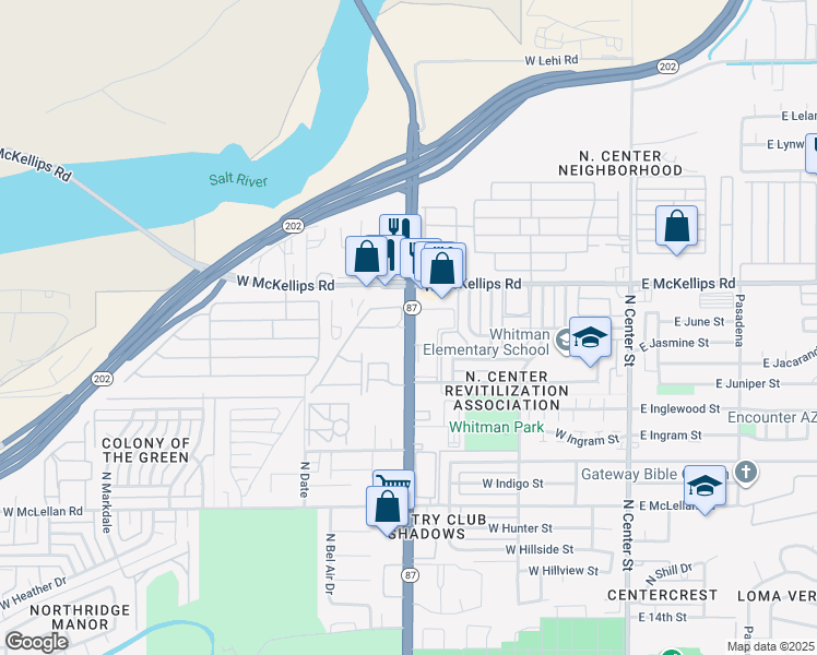map of restaurants, bars, coffee shops, grocery stores, and more near 1940 North Country Club Drive in Mesa