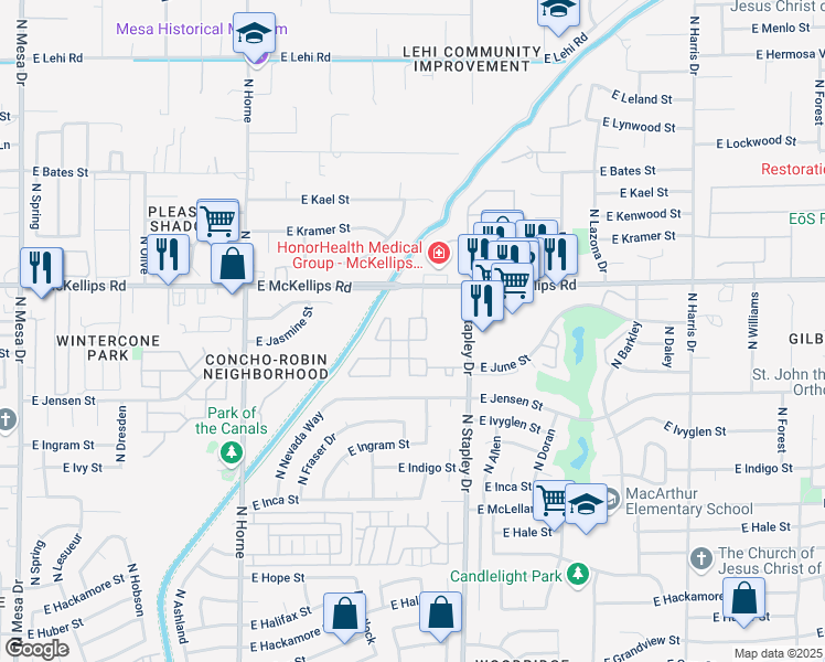 map of restaurants, bars, coffee shops, grocery stores, and more near 46 North Stapley Greens in Mesa