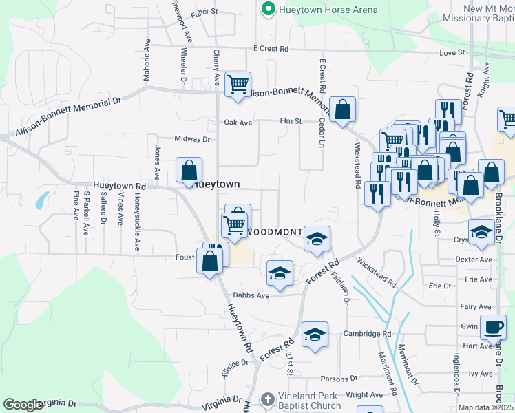 map of restaurants, bars, coffee shops, grocery stores, and more near 218 Ridgeway Road in Hueytown
