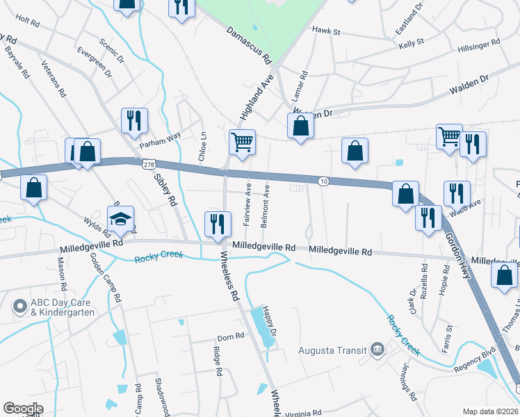 map of restaurants, bars, coffee shops, grocery stores, and more near 1810 Belmont Avenue in Augusta
