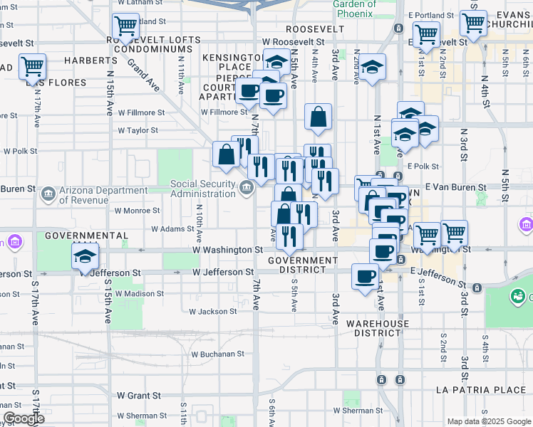 map of restaurants, bars, coffee shops, grocery stores, and more near 617 West Monroe Street in Phoenix