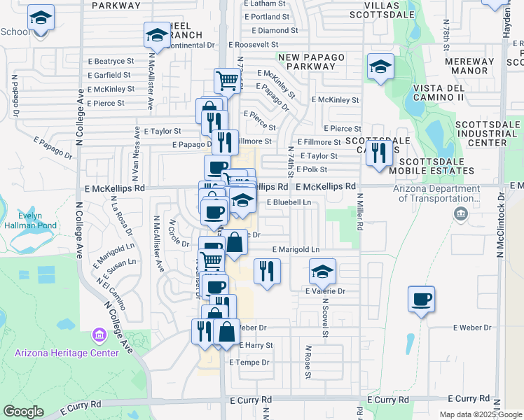 map of restaurants, bars, coffee shops, grocery stores, and more near 1817 North Aster Street in Tempe