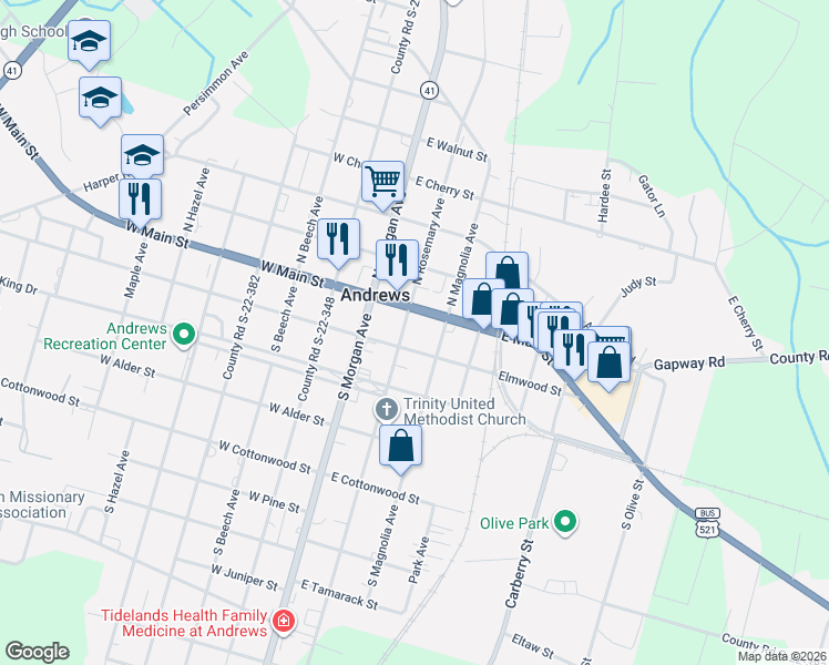 map of restaurants, bars, coffee shops, grocery stores, and more near 8 South Rosemary Avenue in Andrews