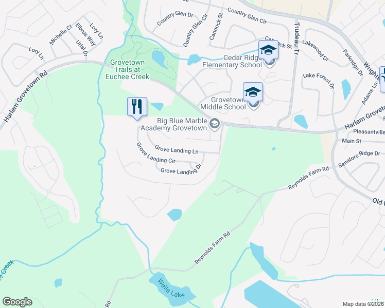 map of restaurants, bars, coffee shops, grocery stores, and more near 1078 Grove Landing Lane in Grovetown