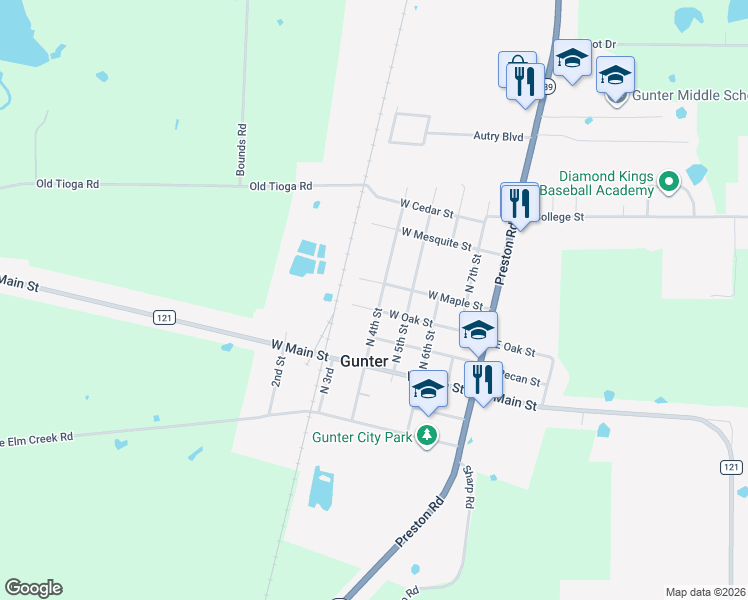 map of restaurants, bars, coffee shops, grocery stores, and more near 303 North 4th Street in Gunter